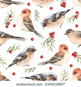 Cute Christmas seamless pattern with spruce branches, red holly berries and birds. Holiday background in hand drawn watercolor style.