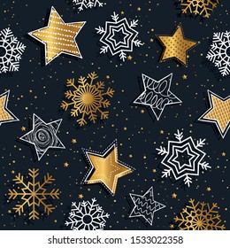 Clásicos de Navidad sin fisuras con estrellas y copos de nieve. Ilustración vectorial dibujada a mano. Patrón de papel envuelto. Fondo con elementos abstractos.