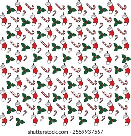 Cute Christmas Seamless Pattern with Christmas stocking Candy Cane decoration