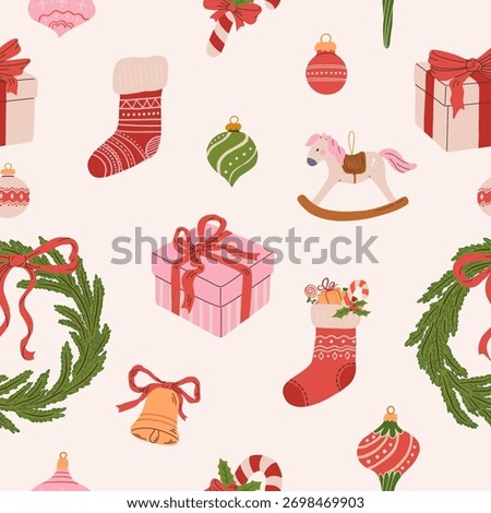 Cute Christmas seamless pattern with stockings, wreaths, gifts, vintage toys and decorations. Xmas festive background. Vector illustration
