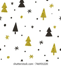 Cute Christmas seamless pattern. Stylish glitter pines. Vector hand drawn background 