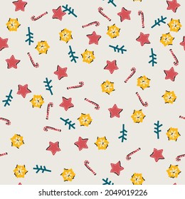 Cute Christmas seamless pattern with toys and gingerbread. New Year background, wrapping paper, postcard, illustration, print