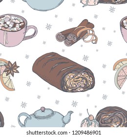 Cute christmas seamless pattern of traditional baking, sweets and elements. Spices, decoration, baking, drinks, sweets. Elements of a Christmas and new year mood on a white background.