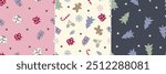 Cute Christmas seamless pattern with Christmas tree, stars, presents, gingerbread, holly, candy cane and snowflakes. Fun and cute element, icon vector for paper, fashion, winter and fabric. Girly