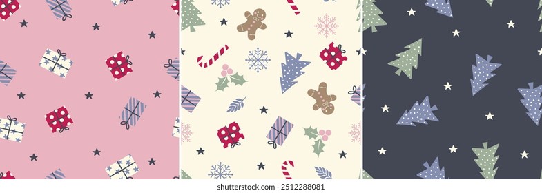 Lindo patrón de Navidades sin fisuras con árbol de Navidad, estrellas, regalos, pan de jengibre, acebo, caña de caramelo y copos de nieve. Elemento divertido y lindo, Vector del icono para el papel, la moda, el invierno y la tela. Girly