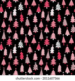 Cute Christmas seamless pattern with Christmas trees in pink and black. Girly winter holidays vector design for gift wrap, scrapbooking, wallpaper, home decor, kids clothing, fabric.