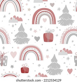 Frische Weihnachtsmuster mit Bäumen, Geschenkbox und Regenbögen auf weißem Hintergrund. Design für Stoffdrucke, Kinderdesign, Dekoration, Xmas-Umhüllung