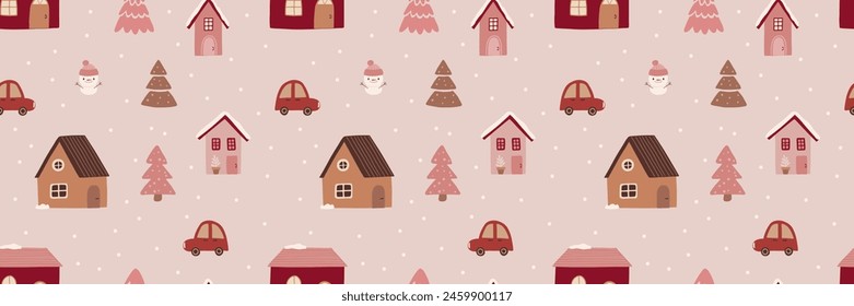 Cute Christmas seamless pattern with trees, pink houses, cars, snow, and a snowman. Hand drawn boho kids nordic design. Winter vector illustration background. Seasonal holidays graphic design