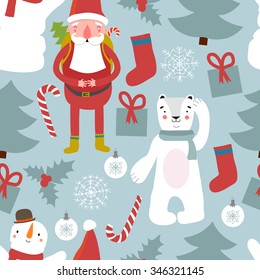 Cute Christmas seamless pattern with Trees, Snowflakes, Santa, Toys, Polar Bear on blue background. Vector illustration.
