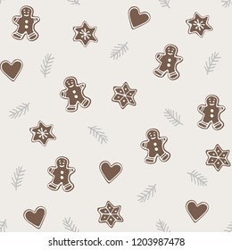 Cute Christmas seamless pattern with various gingerbread cookies and fir tree branches . Winter food concept. Hand drawn flat vintage design. Vector illustration background.