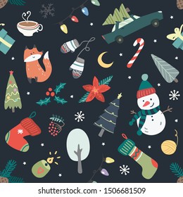  Cute Christmas seamless pattern in vector.  Season illustration. Winter patterns with christmas tree, snowman, gift box, candles, moon, candy. Merry Christmas. Noel background.