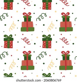 Cute christmas seamless pattern. Vector illustration with gifts and confetti. Background in white, green, red and yellow colors. Wrapping for Christmas and New Year. Winter celebration pattern.
