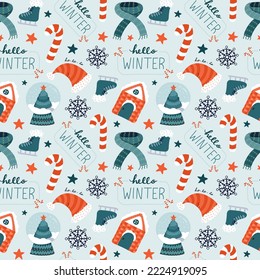 Cute Christmas seamless pattern with vector hand drawn holiday illustrations of snow globe, winter village house, candy cane and lettering. For wrapping paper, bedclothes, notebook, packages