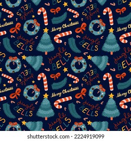Cute Christmas seamless pattern with vector hand drawn illustrations of Christmas tree, candy cane, lettering, spruce wreath, bow. Can be used for wrapping paper, bedclothes, notebook, packages