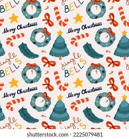 Patrón ininterrumpido de Navidad con ilustraciones de árbol de Navidad dibujadas a mano vectorial, bastón de caramelo, corona de abeto, brunch de abeto, letras. Para envolver papel, ropa de cama, notebook, paquetes