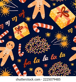 Cute Christmas seamless pattern with vector hand drawn holiday illustrations of wrapped gift box, lights, sparkles, gingerbread man. Can be used for wrapping paper, bedclothes, notebook, packages.