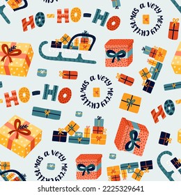 Cute Christmas seamless pattern with vector hand drawn holiday illustrations of different wrapped gift boxes, present, winter lettering. Can be used for wrapping paper, bedclothes, notebook, packages.