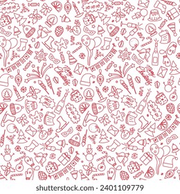 Cute Christmas seamless pattern. Vector hand-drawn illustration in doodle style. New Year's gifts, Christmas balls, twigs, garlands, stars, festive confetti. Perfect for wrapping paper, packaging.