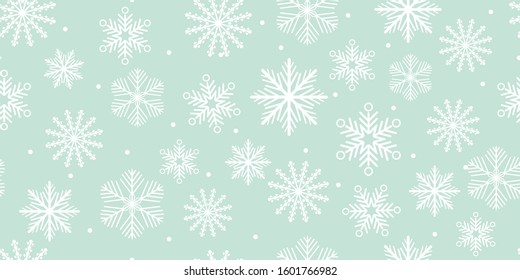 Cute Christmas seamless pattern. White Snowflakes with different ornaments. Vector winter season holidays . Retro textile collection. On Green background.