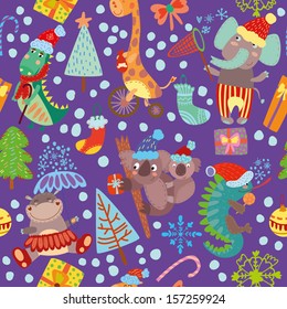 Cute Christmas seamless pattern with wild animals from Africa.iguana, giraffe, hippo, elephant, crocodile, koala