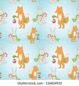 Cute Christmas seamless pattern with winter bunny and fox