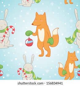 Cute Christmas seamless pattern with winter bunny and fox