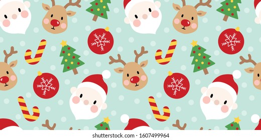 Cute Christmas Seamless Pattern. Winter Season Background with Santa and Reindeer, with Other Holiday  Elements