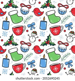 Cute Christmas seamless pattern with winter elements on white background. Funny vector print with socks, holly, coffee, snowman for baby textiles and wrapping paper