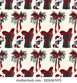 Cute christmas seamless pattern with christmas wreath and a dwarf  moves the box vector