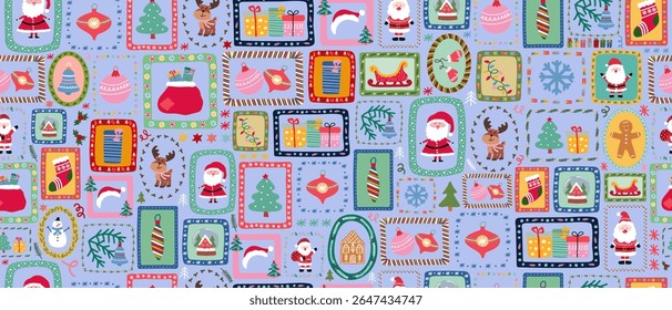 Cute Christmas seamless retro patchwork pattern with Santa Claus, deer, snowmen and holiday elements for gift wrapping and textile design. Vector.