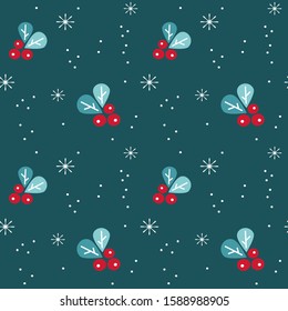 cute christmas seamless vector pattern background illustration with red berries and snowflakes