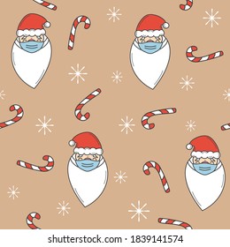 Cute christmas seamless vector pattern background illustration with santa claus with medical face mask, candy cane and snowflakes