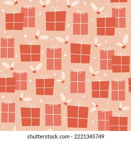 Cute christmas seamless vector pattern background illustration with gift box, mistletoe and stars