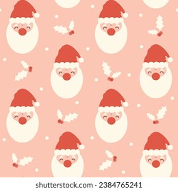 cute christmas seamless vector pattern background illustration with cartoon character santa claus, mistletoe and snowflakes