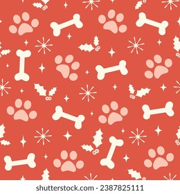 cute christmas seamless vector pattern illustration with paw prints, bones, stars, mistletoe and snowflakes on red background