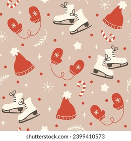 cute christmas seamless vector pattern background illustration with ice skating boots, gloves, stars, candy cane, snowflakes and other winter holidays elements