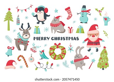 Cute Christmas set of animals, Santa, decoration isolated on white background. Vector hand drawn cartoon illustration. Design for card, banner, background, print t-shirt