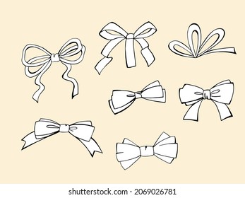 Cute Christmas set with bows. Various bows for Christmas gifts decorating. Hand drawn sketch style. Line art. Isolated bows as design elements on yellow background. 