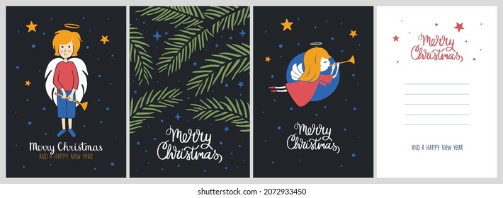 Cute Christmas set. Cozy greeting cards or posters with angels and "Merry Christmas" lettering. Vector flat hand drawn illustrations in cartoon style