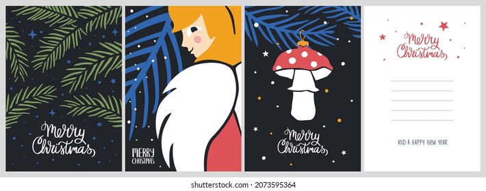 Cute Christmas set. Cozy greeting cards or posters with angel, mushroom, fir tree and "Merry Christmas" lettering. Vector flat hand drawn illustrations in cartoon style