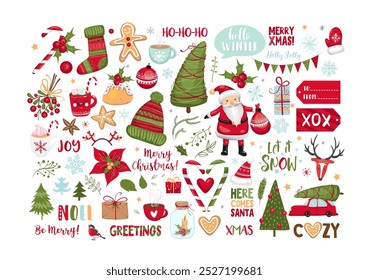 Cute Christmas set of festive symbols, design elements. New year hand draw flat illustration on white background. stickers, badges, scrapbooking elements