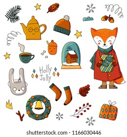 A cute Christmas set with a fox, a Christmas wreath, socks, a warm hat, gifts and text Holly Jolly