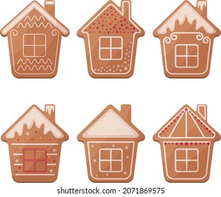 Cute Christmas set with gingerbread. Christmas gingerbread in the shape of a house. Festive pastries. Christmas cookies in the shape of a house. Vector illustration isolated on a white background