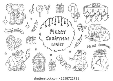 A cute Christmas set of hand-drawn illustrations for the new year, children, family holiday, animal characters, postcard. vector illustration