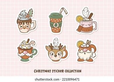 Cute Christmas set with illustrations of cartoon coffee mugs in hand drawn style. Perfect for greeting cards, party invitations, posters, stickers, pin, scrapbooking, icons