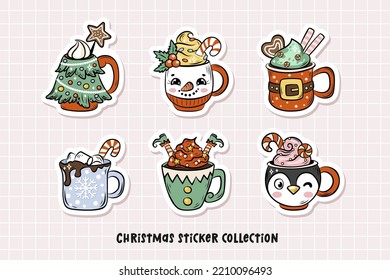 Cute Christmas set with illustrations of cartoon coffee mugs in hand drawn style. Perfect for greeting cards, party invitations, posters, stickers, pin, scrapbooking, icons