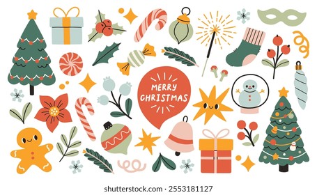 Cute Christmas set. New Year decorative hand drawn elements collection. Perfect for scrapbooking, greeting card, party invitation, poster, stickers.