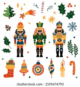 Cute Christmas set with a Nutcracker. New Year's illustration.