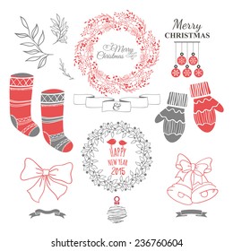 Cute Christmas set. Set of christmas ornaments and decorative elements, vintage ribbon, labels, frames, badge, stickers.Christmas wreath. Socks for gifts and warm gloves.