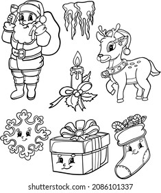 Cute Christmas set with Santa and reindeer.For postcards and coloring books.Vector illustration drawn by hand.